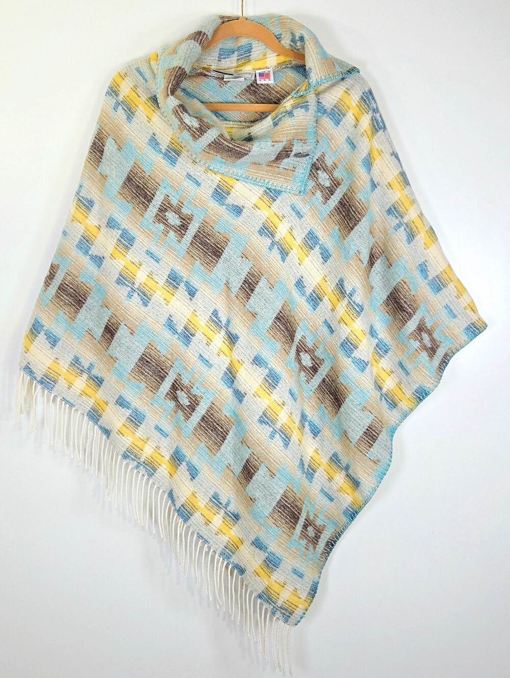 VINTAGE INSPIRED RHONDA STARK SOUTHWESTERN FRINGE WOOL BLEND PONCHO.
